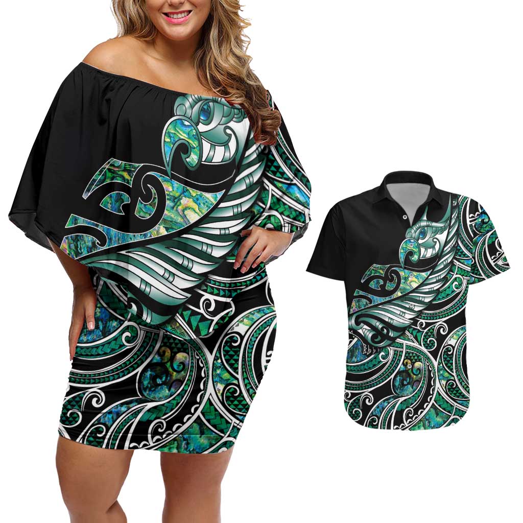 Maori Matariki - Manaia Couples Matching Off Shoulder Short Dress and Hawaiian Shirt Emerald Paua Shell