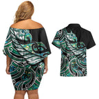 Maori Matariki - Manaia Couples Matching Off Shoulder Short Dress and Hawaiian Shirt Emerald Paua Shell