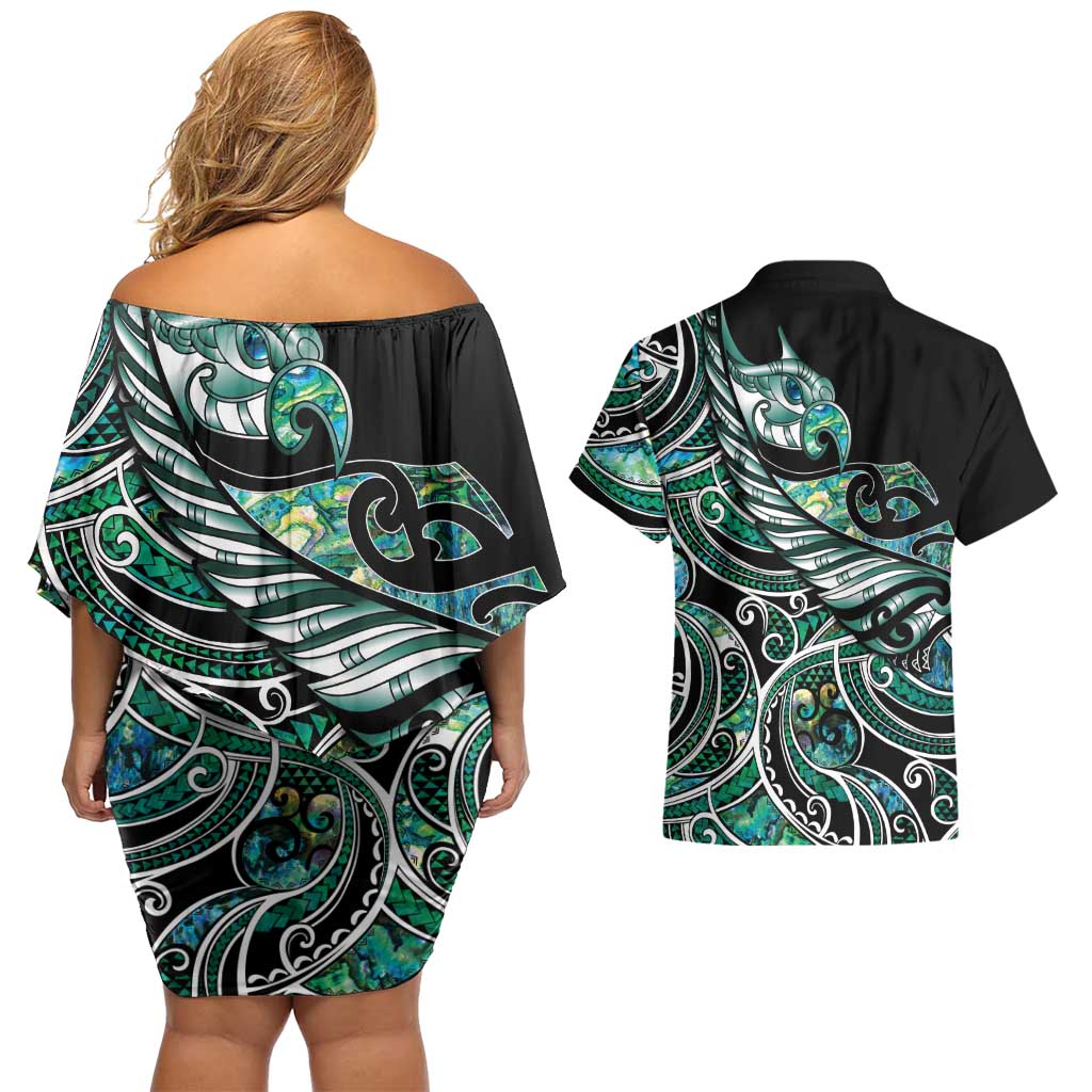 Maori Matariki - Manaia Couples Matching Off Shoulder Short Dress and Hawaiian Shirt Emerald Paua Shell