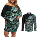 Maori Matariki - Manaia Couples Matching Off Shoulder Short Dress and Long Sleeve Button Shirt Emerald Paua Shell