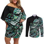 Maori Matariki - Manaia Couples Matching Off Shoulder Short Dress and Long Sleeve Button Shirt Emerald Paua Shell