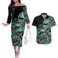 Maori Matariki - Manaia Couples Matching Off The Shoulder Long Sleeve Dress and Hawaiian Shirt Emerald Paua Shell