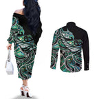 Maori Matariki - Manaia Couples Matching Off The Shoulder Long Sleeve Dress and Long Sleeve Button Shirt Emerald Paua Shell