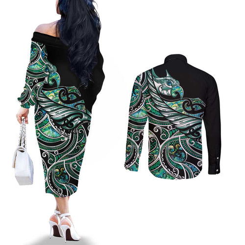 Maori Matariki - Manaia Couples Matching Off The Shoulder Long Sleeve Dress and Long Sleeve Button Shirt Emerald Paua Shell
