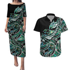 Maori Matariki - Manaia Couples Matching Puletasi and Hawaiian Shirt Emerald Paua Shell