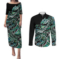 Maori Matariki - Manaia Couples Matching Puletasi and Long Sleeve Button Shirt Emerald Paua Shell