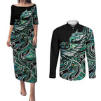 Maori Matariki - Manaia Couples Matching Puletasi and Long Sleeve Button Shirt Emerald Paua Shell