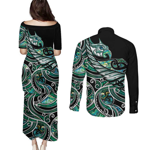 Maori Matariki - Manaia Couples Matching Puletasi and Long Sleeve Button Shirt Emerald Paua Shell