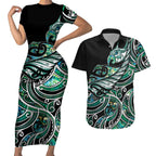Maori Matariki - Manaia Couples Matching Short Sleeve Bodycon Dress and Hawaiian Shirt Emerald Paua Shell