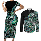 Maori Matariki - Manaia Couples Matching Short Sleeve Bodycon Dress and Long Sleeve Button Shirt Emerald Paua Shell