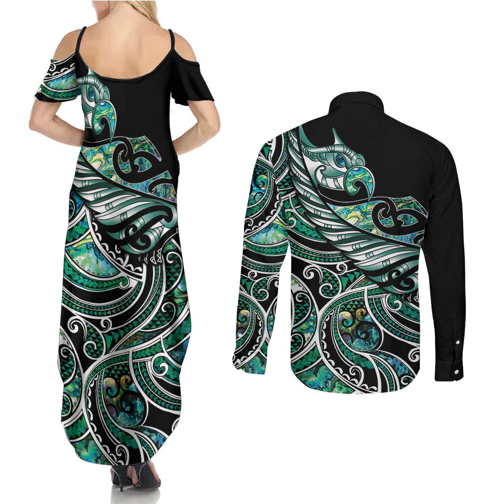 Maori Matariki - Manaia Couples Matching Summer Maxi Dress and Long Sleeve Button Shirt Emerald Paua Shell