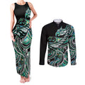 Maori Matariki - Manaia Couples Matching Tank Maxi Dress and Long Sleeve Button Shirt Emerald Paua Shell