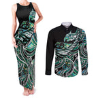 Maori Matariki - Manaia Couples Matching Tank Maxi Dress and Long Sleeve Button Shirt Emerald Paua Shell