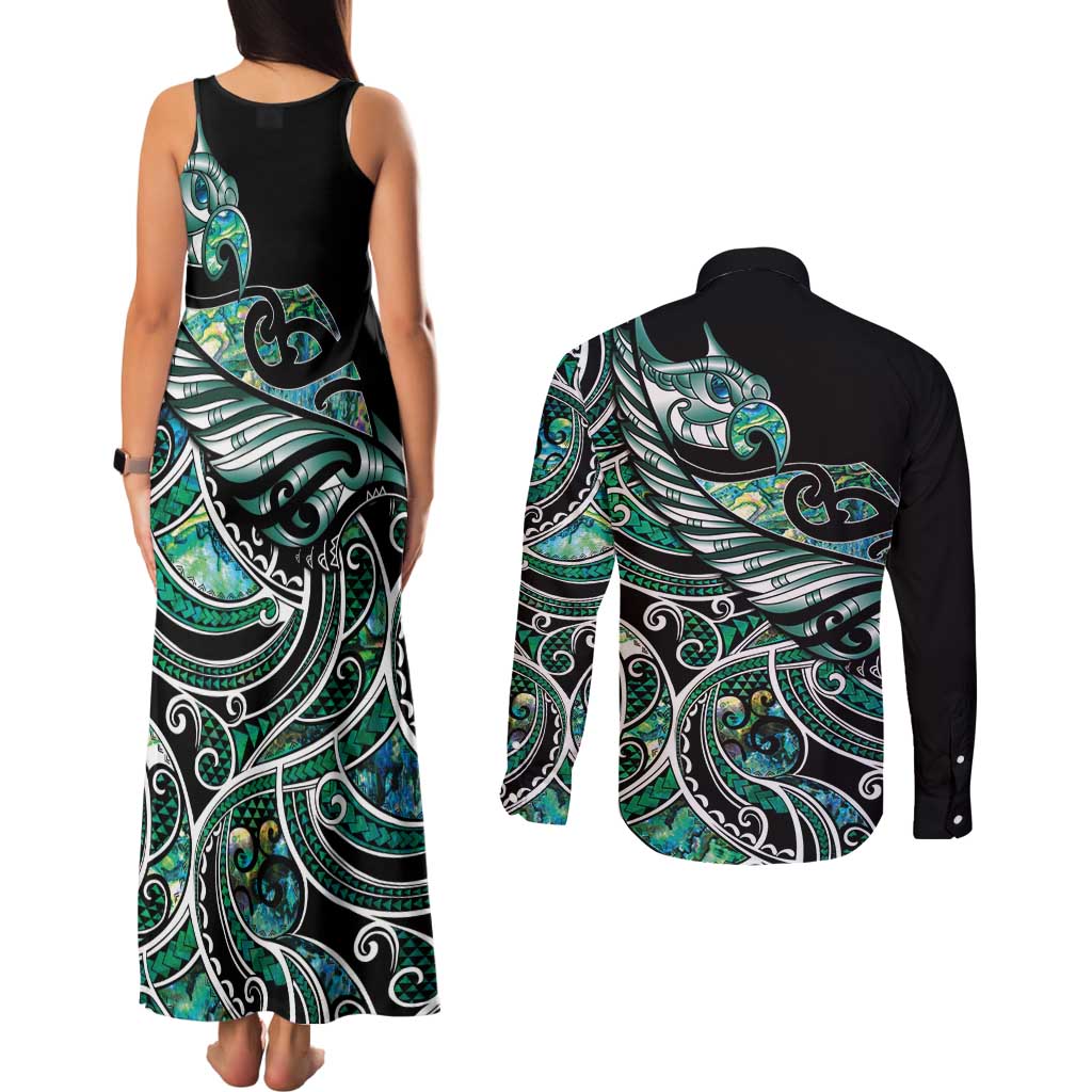 Maori Matariki - Manaia Couples Matching Tank Maxi Dress and Long Sleeve Button Shirt Emerald Paua Shell