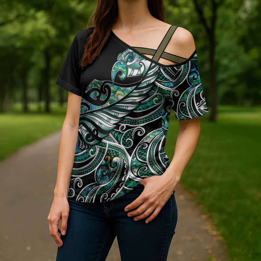 Maori Matariki - Manaia Cross Shoulder Shirt Emerald Paua Shell
