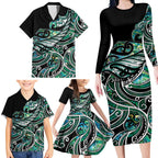 Maori Matariki - Manaia Family Matching Long Sleeve Bodycon Dress and Hawaiian Shirt Emerald Paua Shell