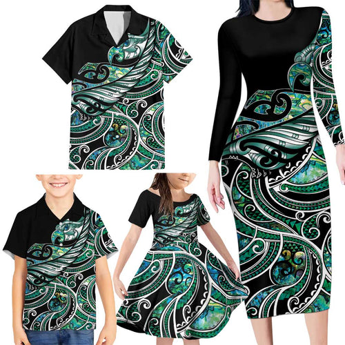 Maori Matariki - Manaia Family Matching Long Sleeve Bodycon Dress and Hawaiian Shirt Emerald Paua Shell