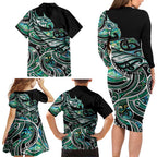 Maori Matariki - Manaia Family Matching Long Sleeve Bodycon Dress and Hawaiian Shirt Emerald Paua Shell