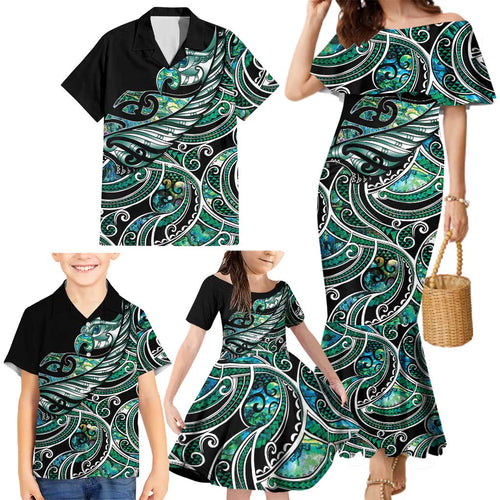 Maori Matariki - Manaia Family Matching Mermaid Dress and Hawaiian Shirt Emerald Paua Shell