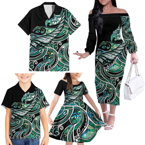 Maori Matariki - Manaia Family Matching Off The Shoulder Long Sleeve Dress and Hawaiian Shirt Emerald Paua Shell