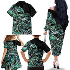 Maori Matariki - Manaia Family Matching Off The Shoulder Long Sleeve Dress and Hawaiian Shirt Emerald Paua Shell