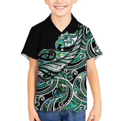 Maori Matariki - Manaia Family Matching Off The Shoulder Long Sleeve Dress and Hawaiian Shirt Emerald Paua Shell