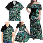 Maori Matariki - Manaia Family Matching Off Shoulder Maxi Dress and Hawaiian Shirt Emerald Paua Shell