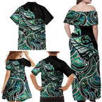 Maori Matariki - Manaia Family Matching Off Shoulder Maxi Dress and Hawaiian Shirt Emerald Paua Shell