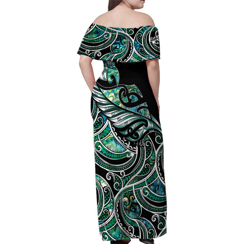 Maori Matariki - Manaia Family Matching Off Shoulder Maxi Dress and Hawaiian Shirt Emerald Paua Shell