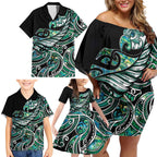 Maori Matariki - Manaia Family Matching Off Shoulder Short Dress and Hawaiian Shirt Emerald Paua Shell