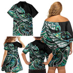 Maori Matariki - Manaia Family Matching Off Shoulder Short Dress and Hawaiian Shirt Emerald Paua Shell