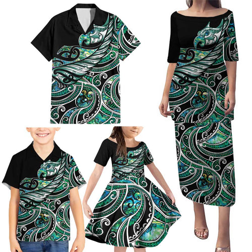 Maori Matariki - Manaia Family Matching Puletasi and Hawaiian Shirt Emerald Paua Shell
