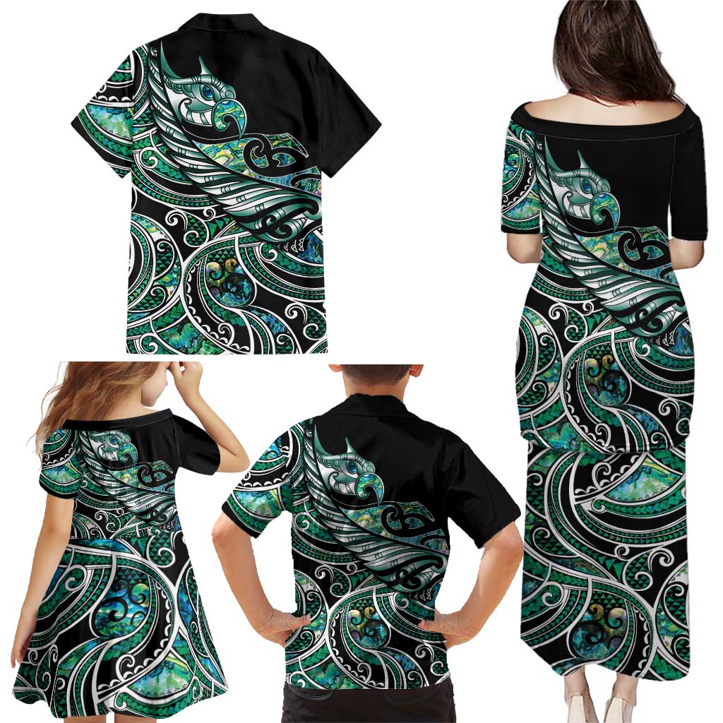 Maori Matariki - Manaia Family Matching Puletasi and Hawaiian Shirt Emerald Paua Shell