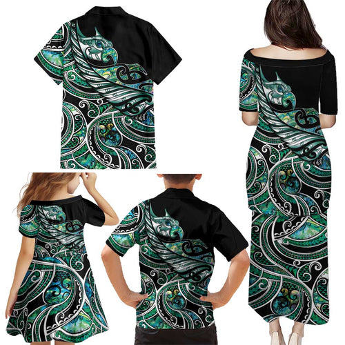 Maori Matariki - Manaia Family Matching Puletasi and Hawaiian Shirt Emerald Paua Shell