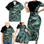 Maori Matariki - Manaia Family Matching Short Sleeve Bodycon Dress and Hawaiian Shirt Emerald Paua Shell