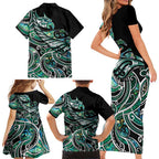 Maori Matariki - Manaia Family Matching Short Sleeve Bodycon Dress and Hawaiian Shirt Emerald Paua Shell