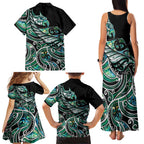 Maori Matariki - Manaia Family Matching Tank Maxi Dress and Hawaiian Shirt Emerald Paua Shell