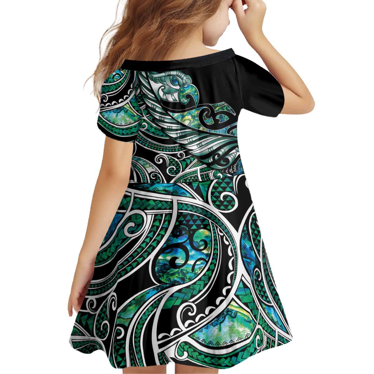 Maori Matariki - Manaia Kid Short Sleeve Dress Emerald Paua Shell