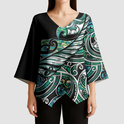 Maori Matariki - Manaia Kimono Sleeve Blouse Emerald Paua Shell