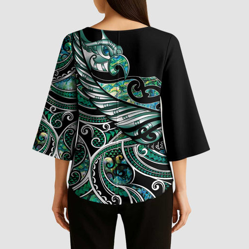 Maori Matariki - Manaia Kimono Sleeve Blouse Emerald Paua Shell