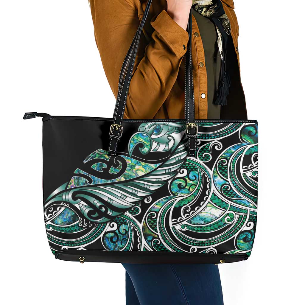 Maori Matariki - Manaia Leather Tote Bag Emerald Paua Shell