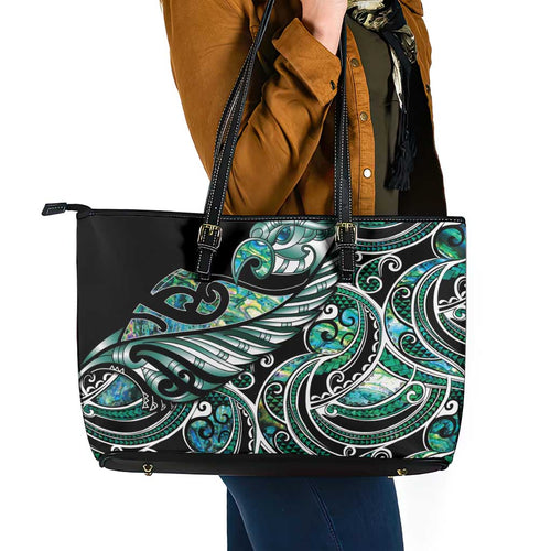 Maori Matariki - Manaia Leather Tote Bag Emerald Paua Shell