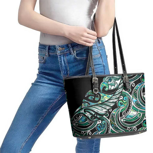 Maori Matariki - Manaia Leather Tote Bag Emerald Paua Shell