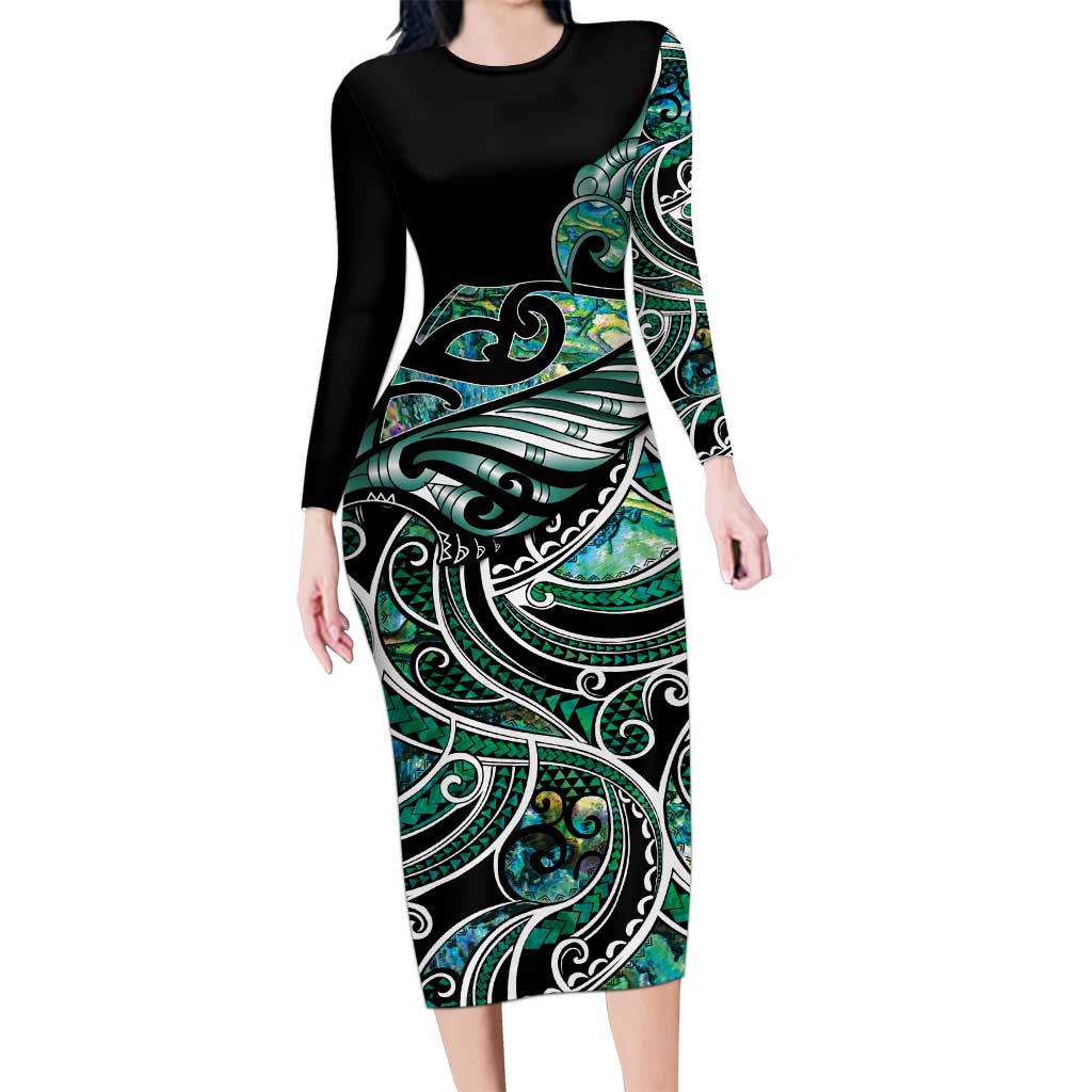 Maori Matariki - Manaia Long Sleeve Bodycon Dress Emerald Paua Shell