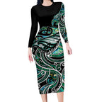 Maori Matariki - Manaia Long Sleeve Bodycon Dress Emerald Paua Shell