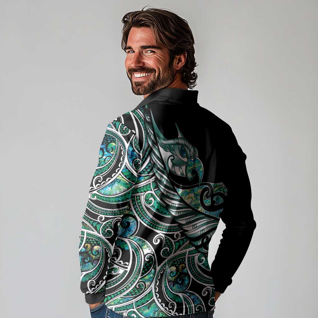 Maori Matariki - Manaia Long Sleeve Polo Shirt Emerald Paua Shell