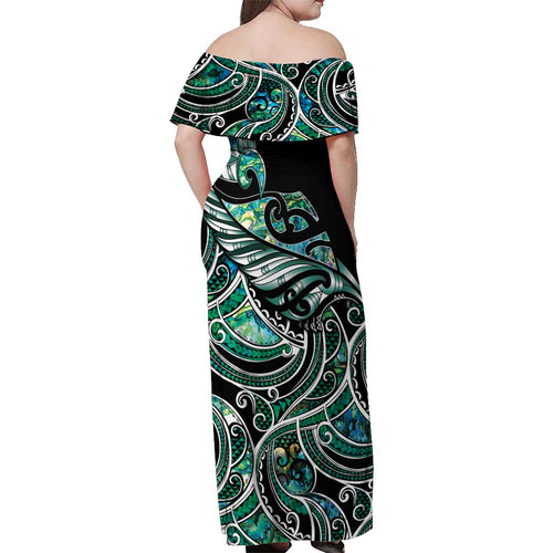 Maori Matariki - Manaia Off Shoulder Maxi Dress Emerald Paua Shell