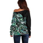 Maori Matariki - Manaia Off Shoulder Sweater Emerald Paua Shell