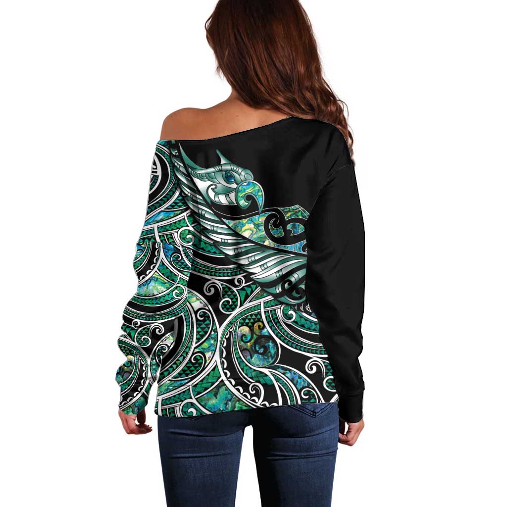 Maori Matariki - Manaia Off Shoulder Sweater Emerald Paua Shell