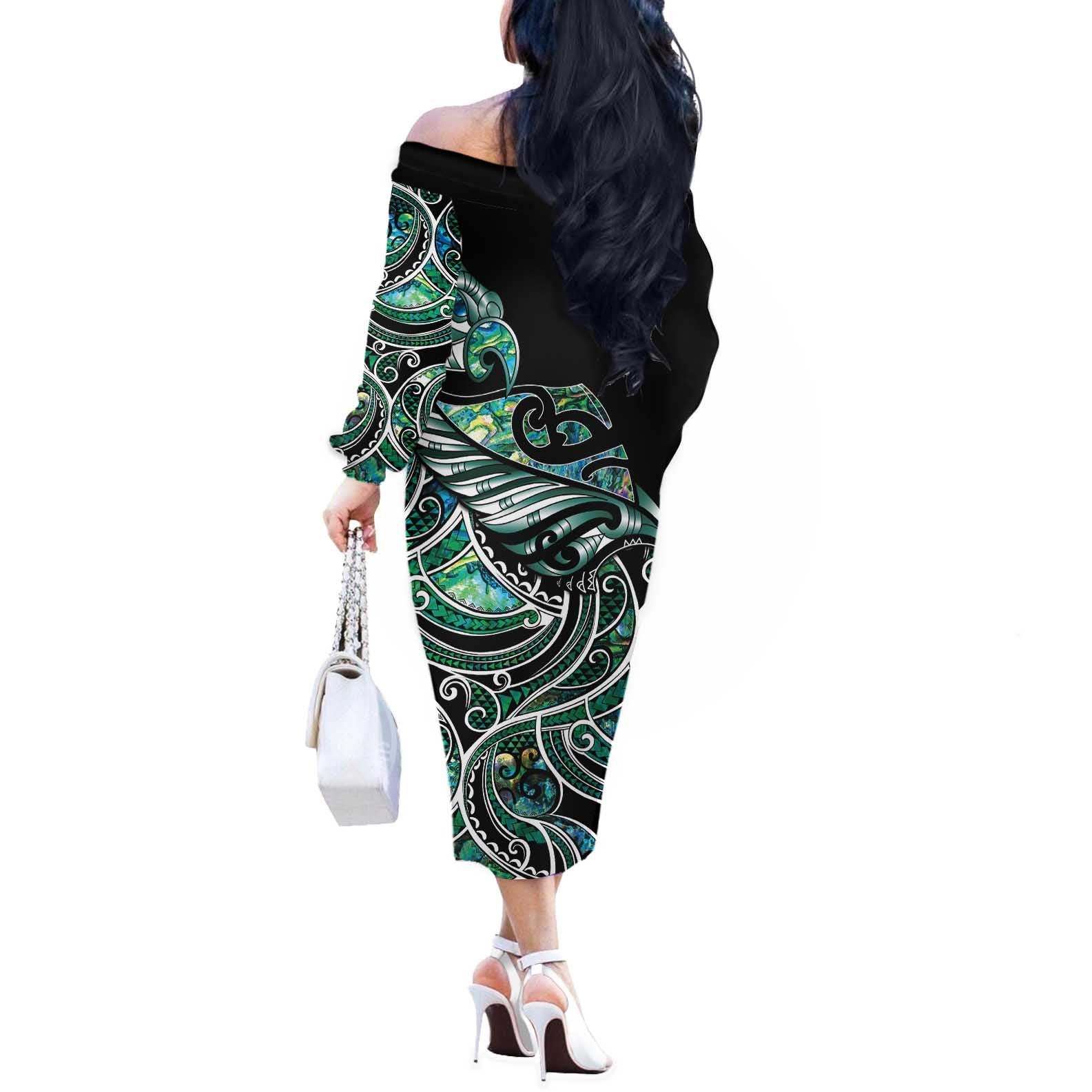 Maori Matariki - Manaia Off The Shoulder Long Sleeve Dress Emerald Paua Shell